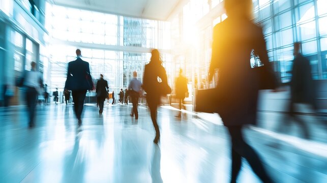 A bustling office lobby with people walking quickly in various directions during a busy workday morning rush