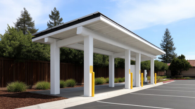 modern, white, open-air carport stands empty in a clean parking lot with a wooden fence and trees in the background under a partly cloudy sky.
