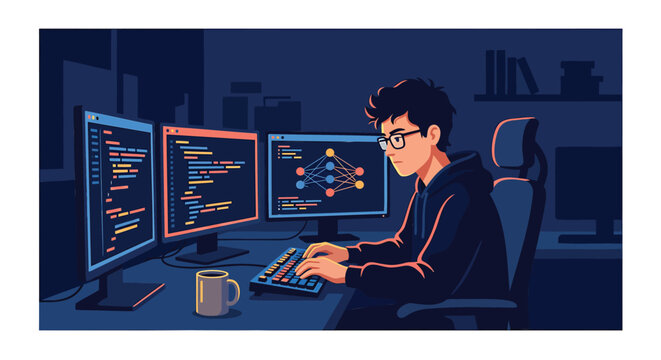 programmer, coding, developer, coding at night, computer screens, software engineer