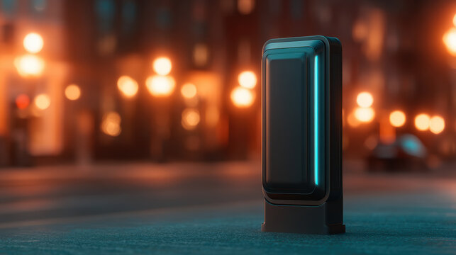 futuristic, sleek black rectangular device stands on a reflective surface with blurred warm lights in the background.