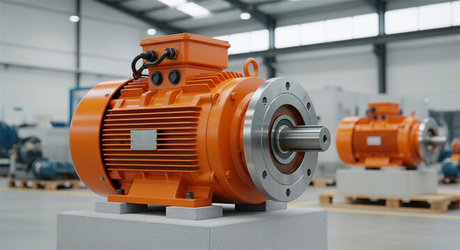 Industrial electric motor in orange, heavy duty induction motor for manufacturing, powerful electric engine in factory warehouse setting