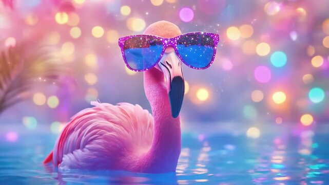 Colorful flamingo wearing sunglasses in vibrant fantasy setting