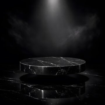  Luxury black marble round podium platform with dramatic spotlight on dark background, premium product display stage concept