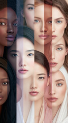 Obraz premium A collage of women's portraits of different ethnic types in a vertical composition, a collage. A modern beauty banner about diversity, beauty, equality, identity, and inclusion.