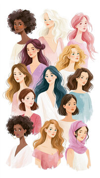 Watercolor illustration of female portraits of different types and races. Vertical composition for themes of equality, beauty, diversity, and fashion.