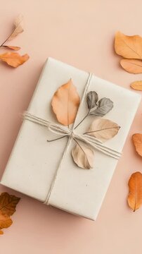 A gift is wrapped in plain paper and tied with twine. Natural leaves are placed on top. The setting includes autumn leaves around the gift. This shows a simple way to wrap presents