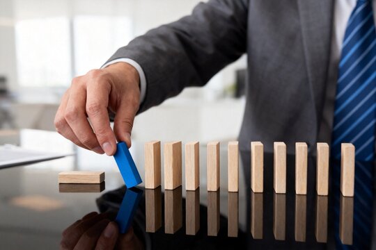 Businessman placing blue block among wooden dominoes