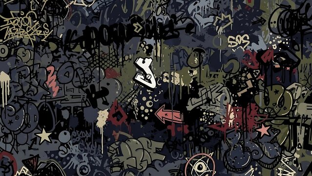 Graffiti covered urban wall background texture.