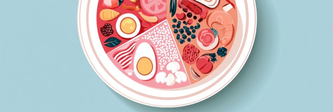 Flat illustration shows a plate with various foods designed for pregnant women to promote nutrition and health during pregnancy.