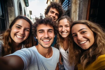 Obraz premium Diverse group of friends smiling, enjoying togetherness, and creating happy memories