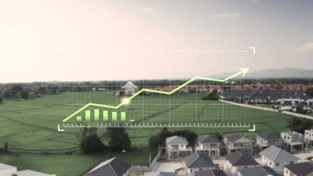 Agricultural land beside housing development project features upward financial growth chart overlay, symbolizing rising real estate values, investment potential, property market and land development.