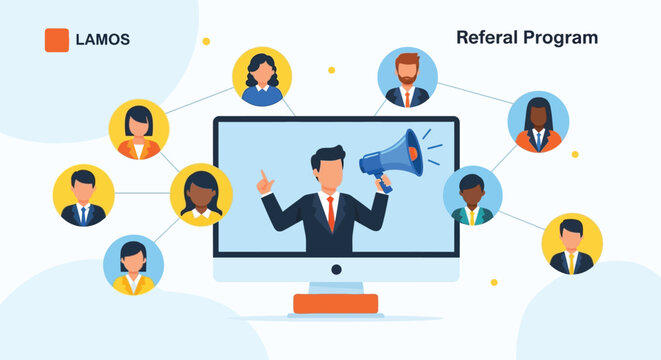 Referral program illustration with people connecting through computer and network links business concept.