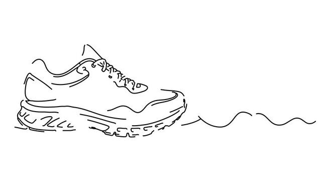Continuous line art drawing of running shoes.