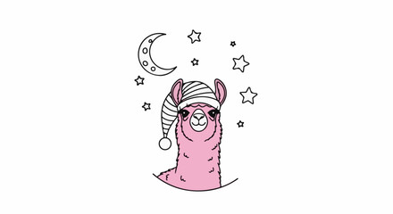 Obraz premium A pink llama wearing a striped nightcap is surrounded by a crescent moon and stars