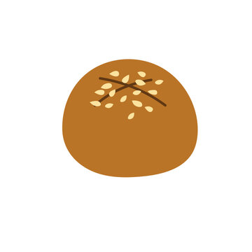 Brown Bun topped with sesame seeds in cartoon style. Burger bread icon. Baked bap roll. Vector illustration on isolated background. Graphic element for bakery logo or fast food design. Breakfast food