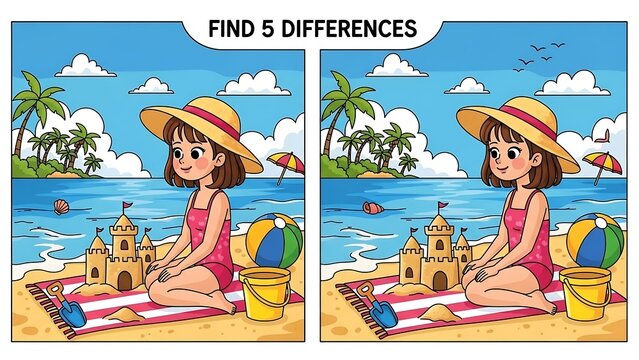 Find differences puzzle beach scene girl.