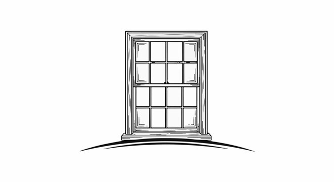A vintage drawing of a double-hung window with a curved decorative element