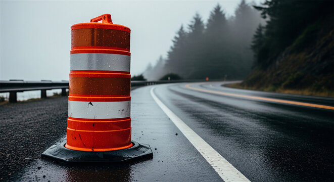 Orange traffic barrel on wet asphalt road, construction pylon on foggy highway, safety barrier for roadwork and infrastructure maintenance