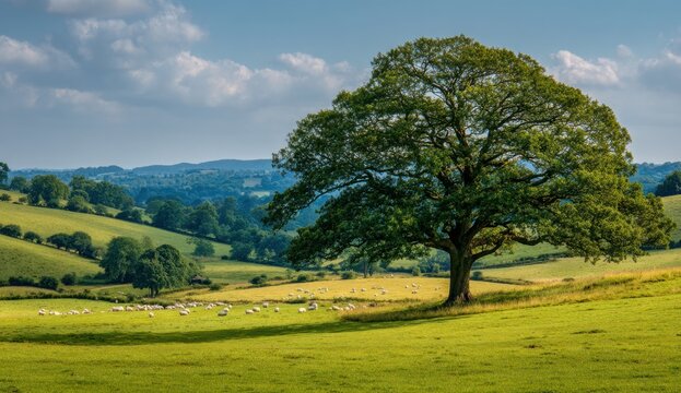 Mature oak tree standing alone in a lush green meadow with rolling hills