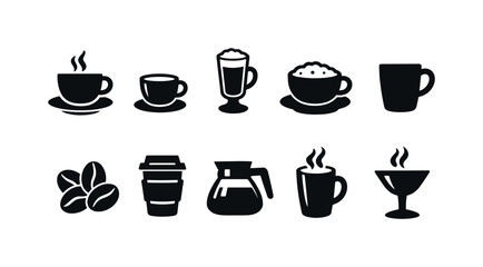 Obraz premium Collection of black coffee icons including cups, beans, and a carafe