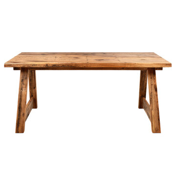 A rustic, rectangular wooden table, featuring distressed planks for the tabletop, and angled, sturdy trestle legs against a black backdrop