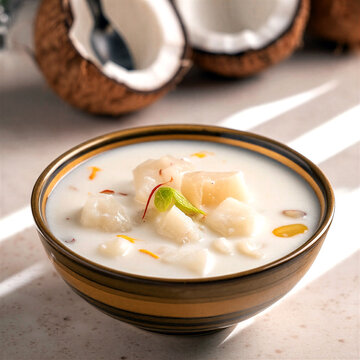 Delicious creamy coconut milk soup with fresh fruit chunks in a wooden bowl on table