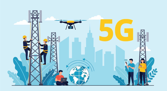 5G network tower construction with workers and drone overseeing cityscape illustrating telecommunication infrastructure development and modern technology concept.