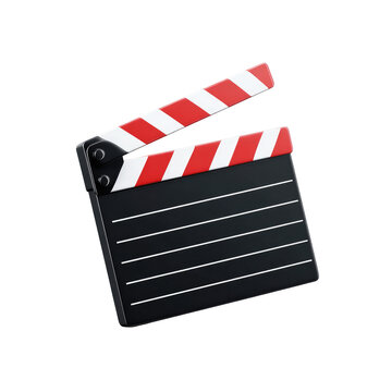 A 3D rendered cinematic clapperboard, rendered against a black background. It features red and white striped top, with the clapper open