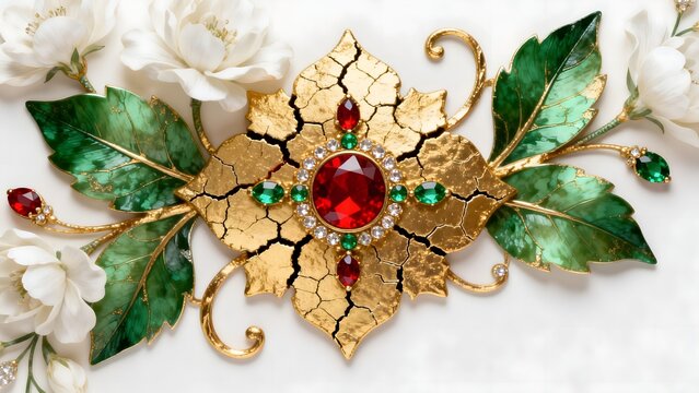 Golden brooch with gemstones and flowers