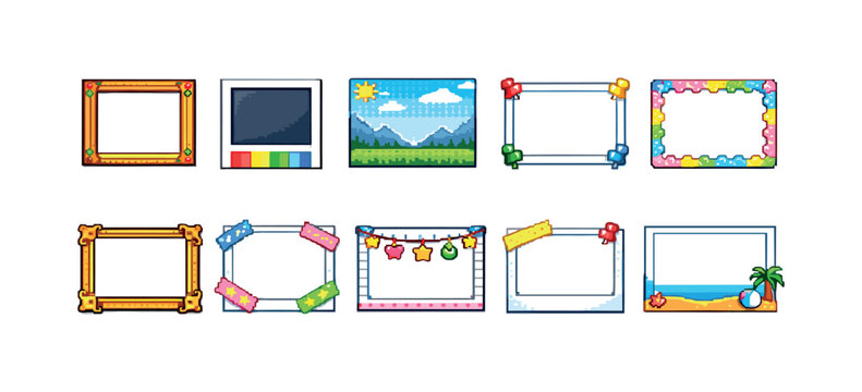Collection of pixel art decorative frames and borders for digital design projects