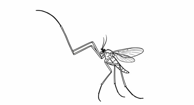 Detailed black and white illustration of a mosquito with long legs and wings