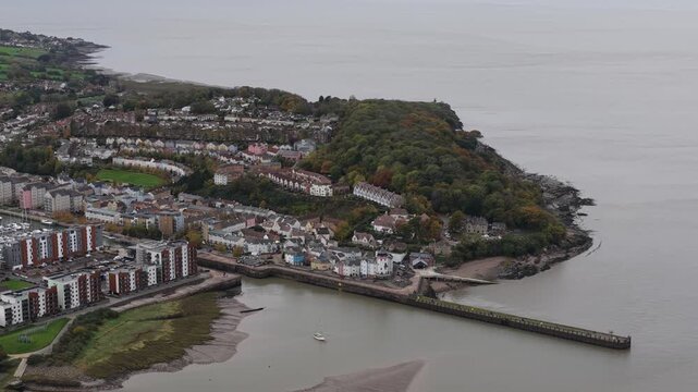 Aerial view flying over portishead marina and town in somerset england
