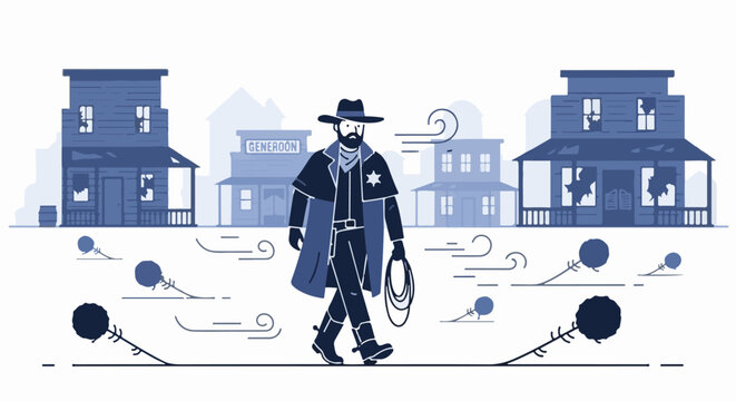 A lone cowboy walks through a deserted, windswept western town