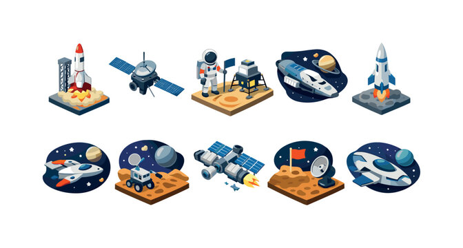 Collection of isometric space exploration icons featuring rockets, astronauts, and satellites