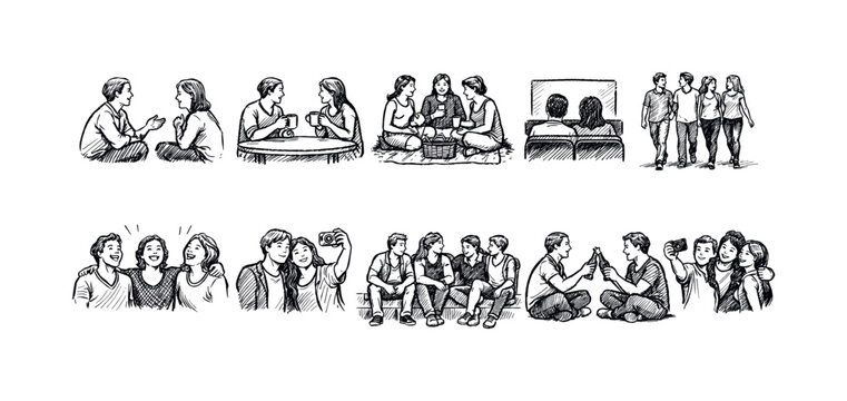Diverse group of friends enjoying various activities together in a sketched style