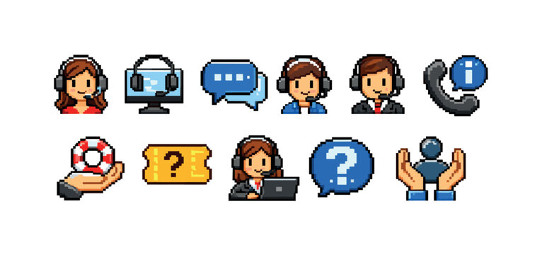 Pixel art icons for customer support, communication, and help services