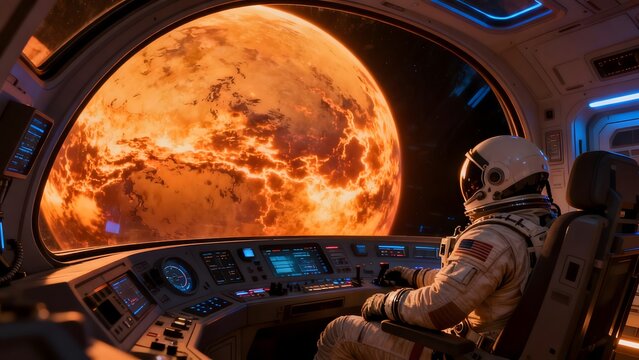 Astronaut in spaceship cockpit with planet view