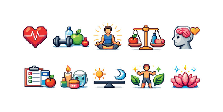 Pixel art icons representing holistic health, wellness, and self-care concepts