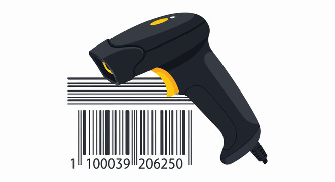 A handheld scanner reads a product barcode against a white background