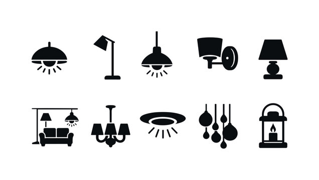 Collection of diverse lighting fixture icons for interior and exterior design concepts