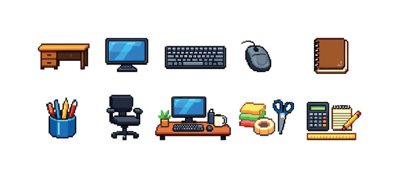 Pixel art icons of office supplies and computer equipment for a workspace