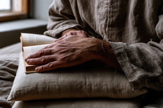 Open book hand linen shirt cushion soft daylight reading nook relaxed pose close up