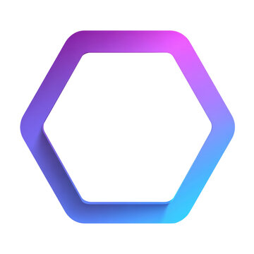 A vibrant, geometric polygon with a dark center. The six-sided shape has a gradient from blue to purple with subtle shadows