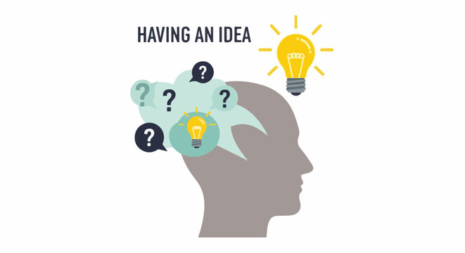Silhouette of a head with question marks and lightbulbs representing an idea