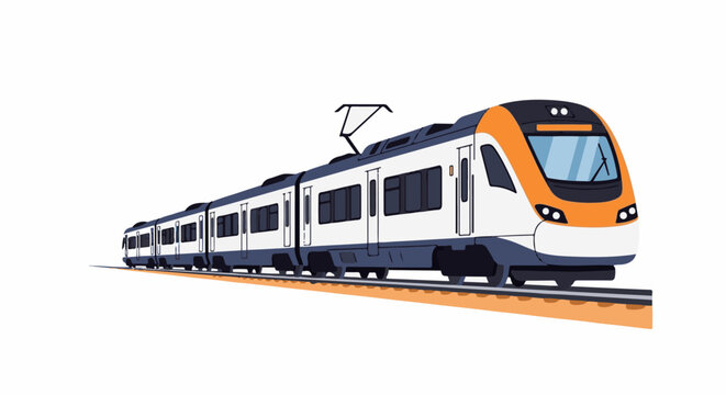 A modern electric train with orange and white accents travels on tracks