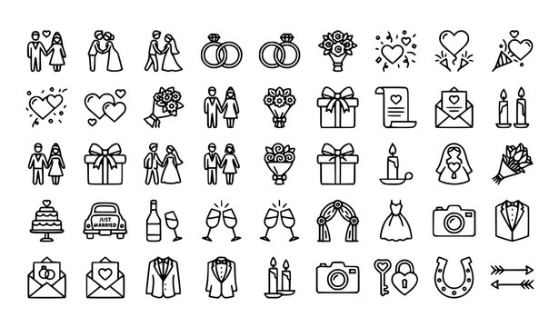 Elegant marriage outline pictogram vector pack with romantic wedding web icons isolated on white