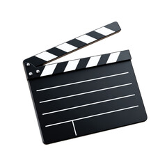 Fototapeta premium A glossy, 3D rendered illustration of a film clapperboard, rendered with high contrast, against a plain black background