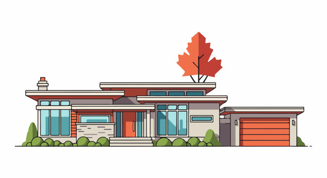A modern, single-story house with a garage and red autumn tree