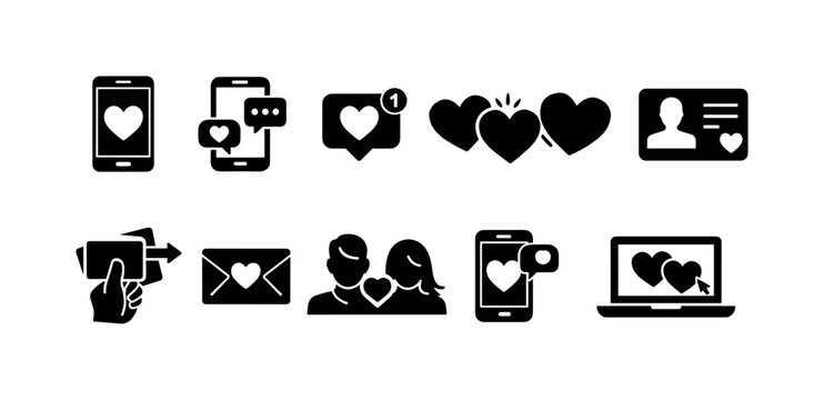 Collection of romantic and dating icons representing love and connection