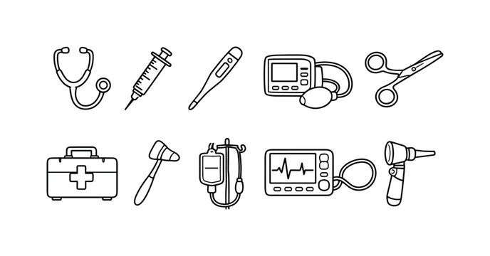 Collection of simple line art medical instruments for healthcare and diagnosis